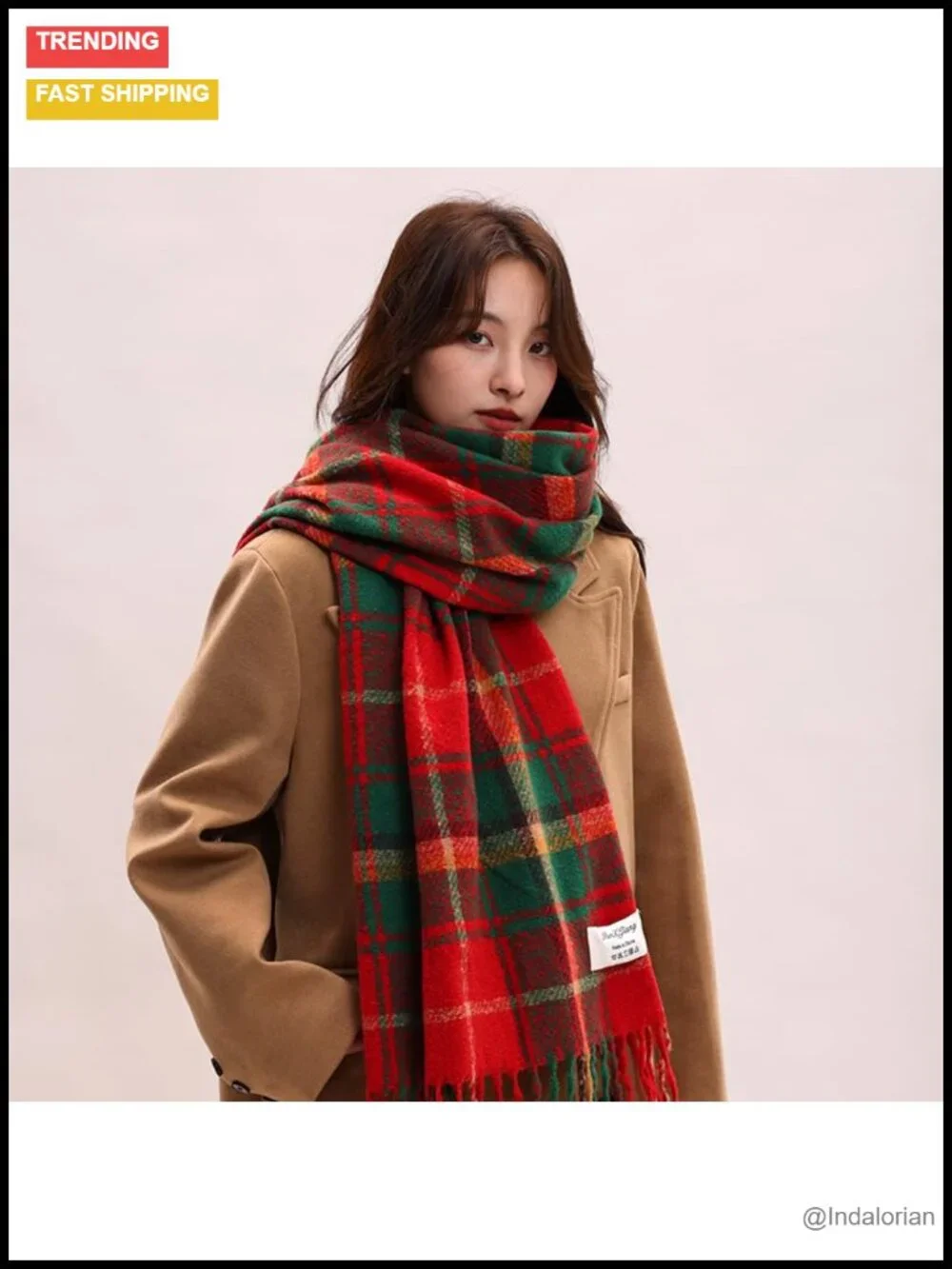 Scottish Tartan Plaid Scarf Soft Warm Faux Cashmere Wrap with Fringes for Women